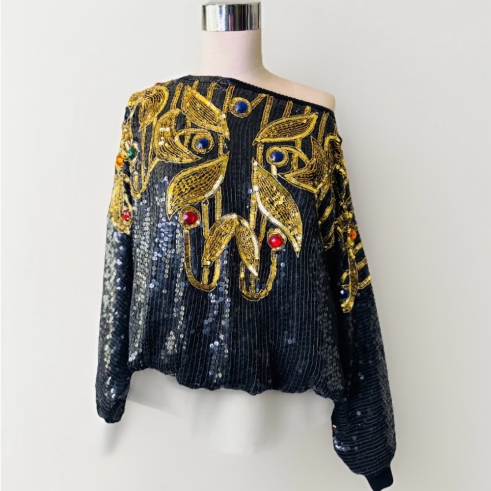 Vintage 80's Silk, Sequin and‎ Rhinestone Creative Creations Disco Glam Blouse